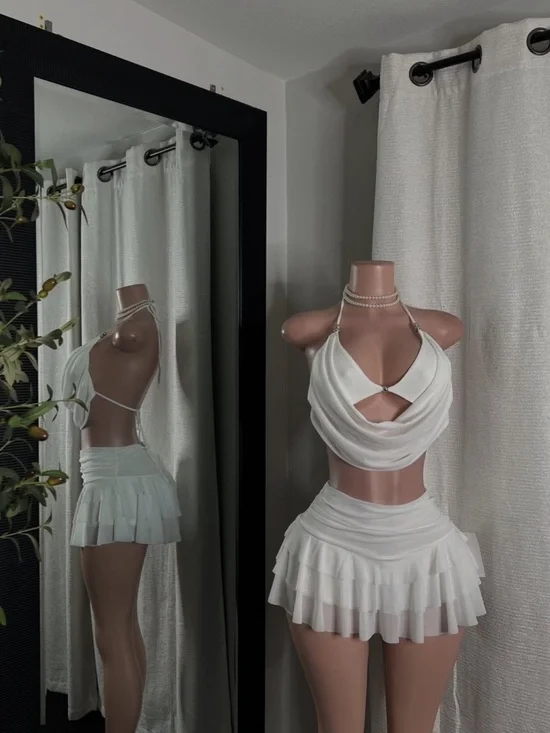 White Two-Piece Pleated Skirt Set - Picture 1 of 2